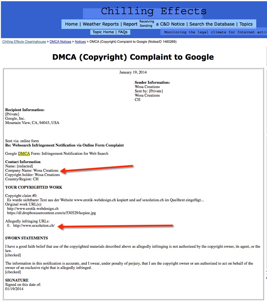 DMCA Copyright Beschwerde durch www.erotik-webdesign.ch wurde angenommen
